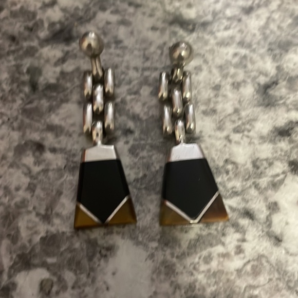 Sterling Silver black onyx  with tigers eye earrings ❤️27 grams heavy  see Video - Picture 4 of 5